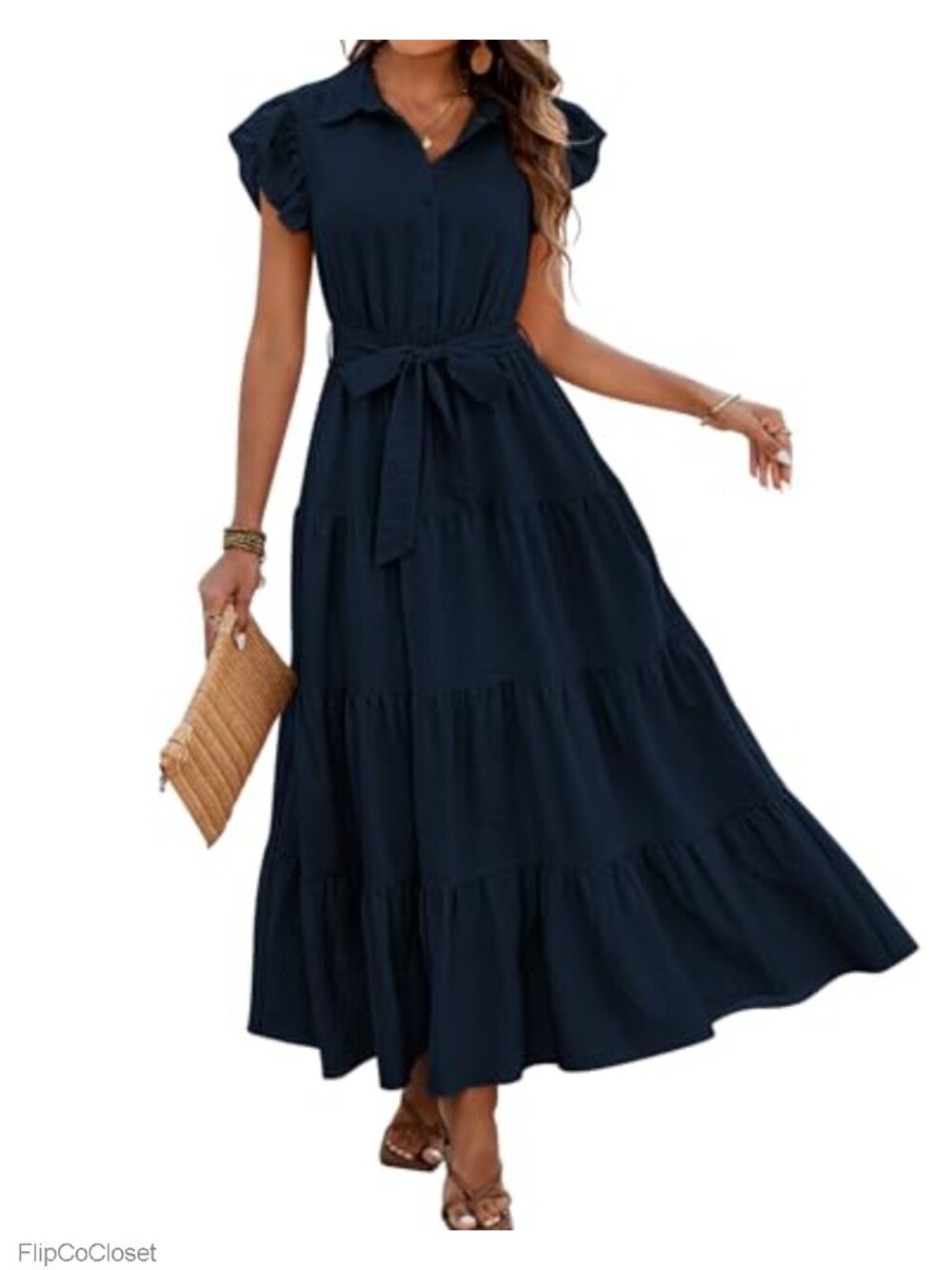 Boho Maxi Dress with Pockets Ruffle Cap Sleeve V-Neck